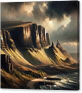 The Rugged Cliffs Of The Scottish Highlands, Under A Stormy Sky In A Traditional Oil Painting Style. Canvas Print