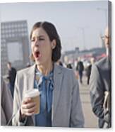 Tired Businesswoman With Coffee Yawning On Sunny Morning Urban Pedestrian Bridge Canvas Print