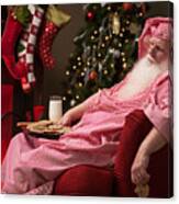 Tired Santa Asleep With Milk And Cookies By Fireplace Canvas Print