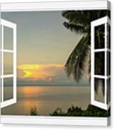 Tropical Sunset Paradise White Open Window Frame View Canvas Print