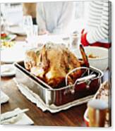 Turkey In Roasting Pan On Table For Holiday Meal Canvas Print