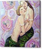 Two Mermaids In Pink By Linda Queally Canvas Print