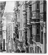 Valletta Street Lined With Window Boxes, Malta - Black And White Canvas Print