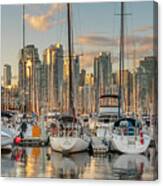 Vancouver Skyline And Sailboats At Dusk Panoramic Canvas Print