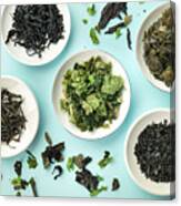 Various Dry Seaweed, Sea Vegetables, Shot From Above On A Teal Background Canvas Print