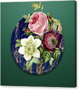 Vintage Anemone Rose Art In Gilded Marble On Dark Spring Green Canvas Print