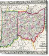 Vintage County Map Of Ohio And Indiana 1863 Canvas Print