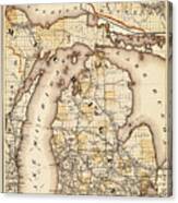 Vintage Railroad Map Of Michigan 1876 Sepia Canvas Print