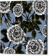 Vintage Roses Black And White Ink Silhouettes Of Flowers On Soft Dusty Blue Canvas Print