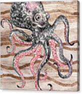 Warm Gray Watercolor Octopus On Calm Beige Wave Beach Art Canvas Print