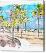 Watercolor Painting Illustration Of Seafront Beach Promenade With Palm Trees In Fort Lauderdale Canvas Print