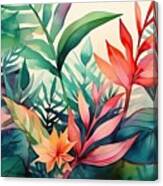 Watercolor Tropical Background With Different Palm And Monstera Leaves In Bright Colors. Canvas Print