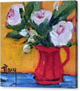 White Roses In A Red Pitcher Canvas Print
