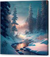Winter Landscape And Mountain Stream Canvas Print