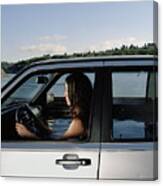 Woman In Car Filled With Water, Side View Canvas Print