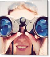 Woman Looking Through Binocular Canvas Print