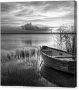 Wooden Rowboat At Sunset Black And White Canvas Print