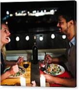 Young Beautiful Couple Having Romantic Dinner On Rooftop Canvas Print