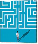 Young Man Walking Towards White Maze Pattern Canvas Print