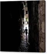 Young Woman Walks Alone Through Spooky Narrow Abandoned Alley In The Night Canvas Print