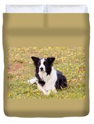 Border Collie In Field Of Yellow Flowers Duvet Cover by Michelle Wrighton