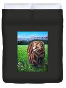 Grizzly Bear In Field Of Flowers Painting Duvet Cover