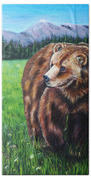 Grizzly Bear In Field Of Flowers Painting Beach Towel