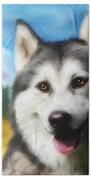 Smiling Siberian Husky  Painting Beach Towel by Michelle Wrighton
