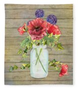Rustic Country Red Poppy w Alium n Ivy in a Mason Jar Bouquet on Wooden ...