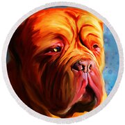 Vibrant Dogue De Bordeaux Painting On Blue Round Beach Towel by Michelle Wrighton
