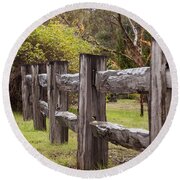 Raindrops On Rustic Wood Fence Round Beach Towel