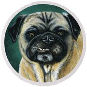 This Is My Happy Face - Pug Dog Painting Round Beach Towel by Michelle Wrighton