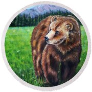 Grizzly Bear In Field Of Flowers Painting Round Beach Towel