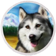 Smiling Siberian Husky  Painting Round Beach Towel by Michelle Wrighton