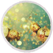 Christmas composition. Flat lay, top view. Disco ball bauble, star  sparkles. Minimal New year party concept. Christmas white and gold  decorations on green background with copy space. Acrylic Print by Yuliia  Chyzhevska 