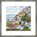 View Of Positano Cityscape And Coastline #1 Framed Print