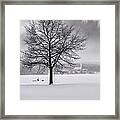 Winter Scene With Tree And Village In Background #1 Framed Print