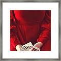 Woman In Red Dress Holding Gift/ Digital Painting Framed Print