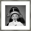 1950s Woman Under Hair Dryer With Towel Framed Print
