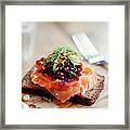 Salmon Tartine On Rye Bread On Wooden #2 Framed Print