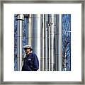 Oil Refinery Workers And Pipework #3 Framed Print