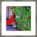 A Digitally Constructed Painting Of A Red Scooter In A Village Street Framed Print