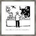 A Man At A Table Hands Out Cups Of Water Framed Print