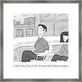 A Man Speaks To A Woman On A Balcony In The City Framed Print