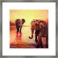 African Elephants At Sunset In The Serengeti Framed Print