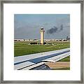 Airport Control Tower And Airplane Wing Framed Print