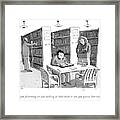 An Aged Librarian Speaks To A Man Reading A Book Framed Print