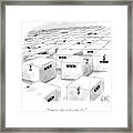 An Office  Full Of Locked Boxes With Eyes Looking Framed Print
