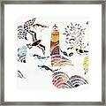 Birds And Waves Around Lighthouse At Sea Framed Print