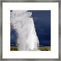 Bright Steam Plume Set Against A Darkening Sky From Old Faithful Geyser In Yellowstone National Park Framed Print